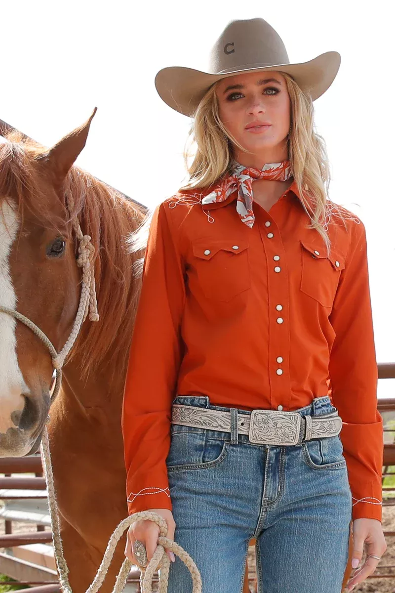 Cinch Women's L/S Solid Boot stitch Rust Shirt